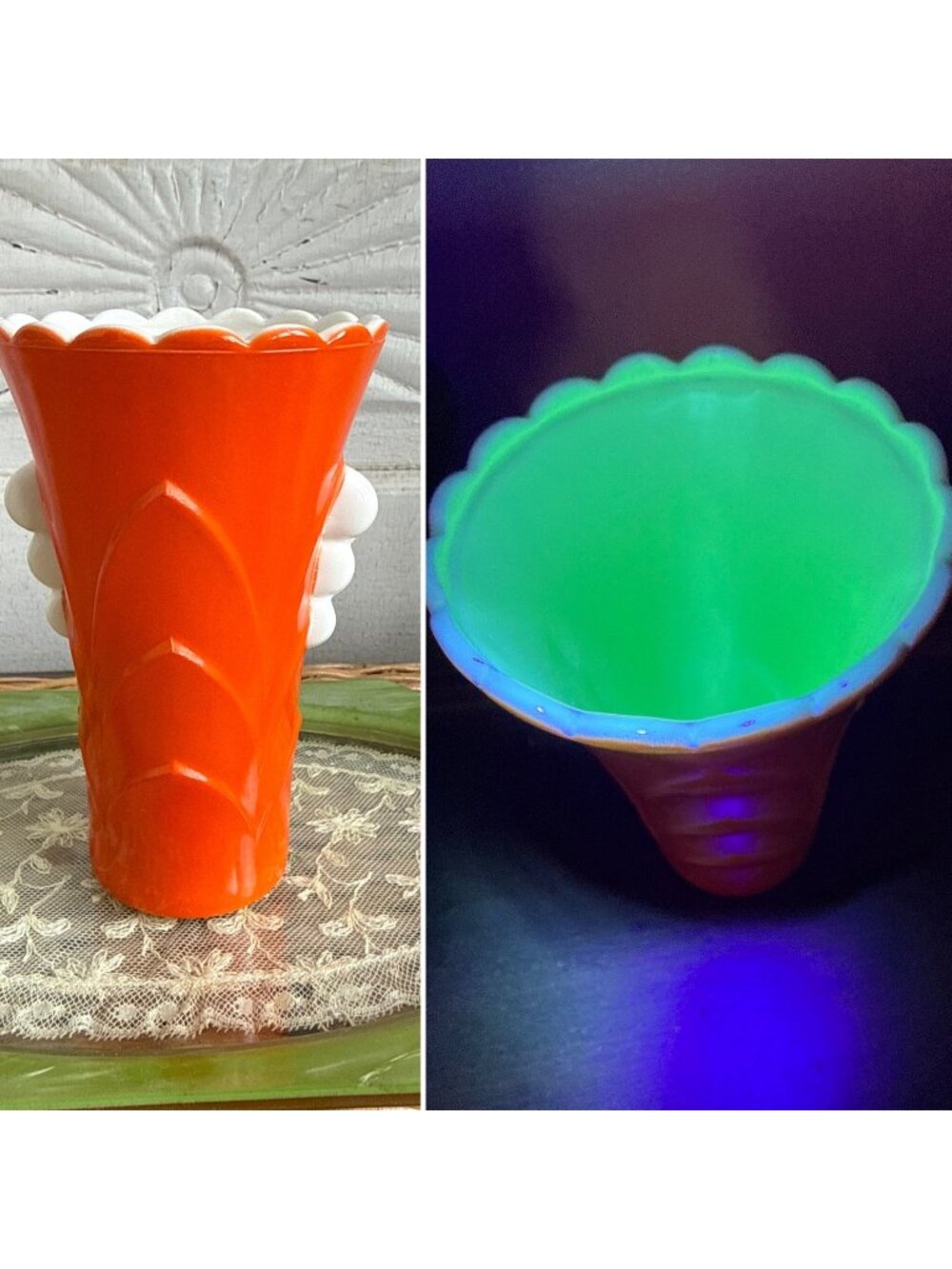 Vintage 30's Fire King Orange Glass Vase Vitrok Uranium Glow Inside/Handles